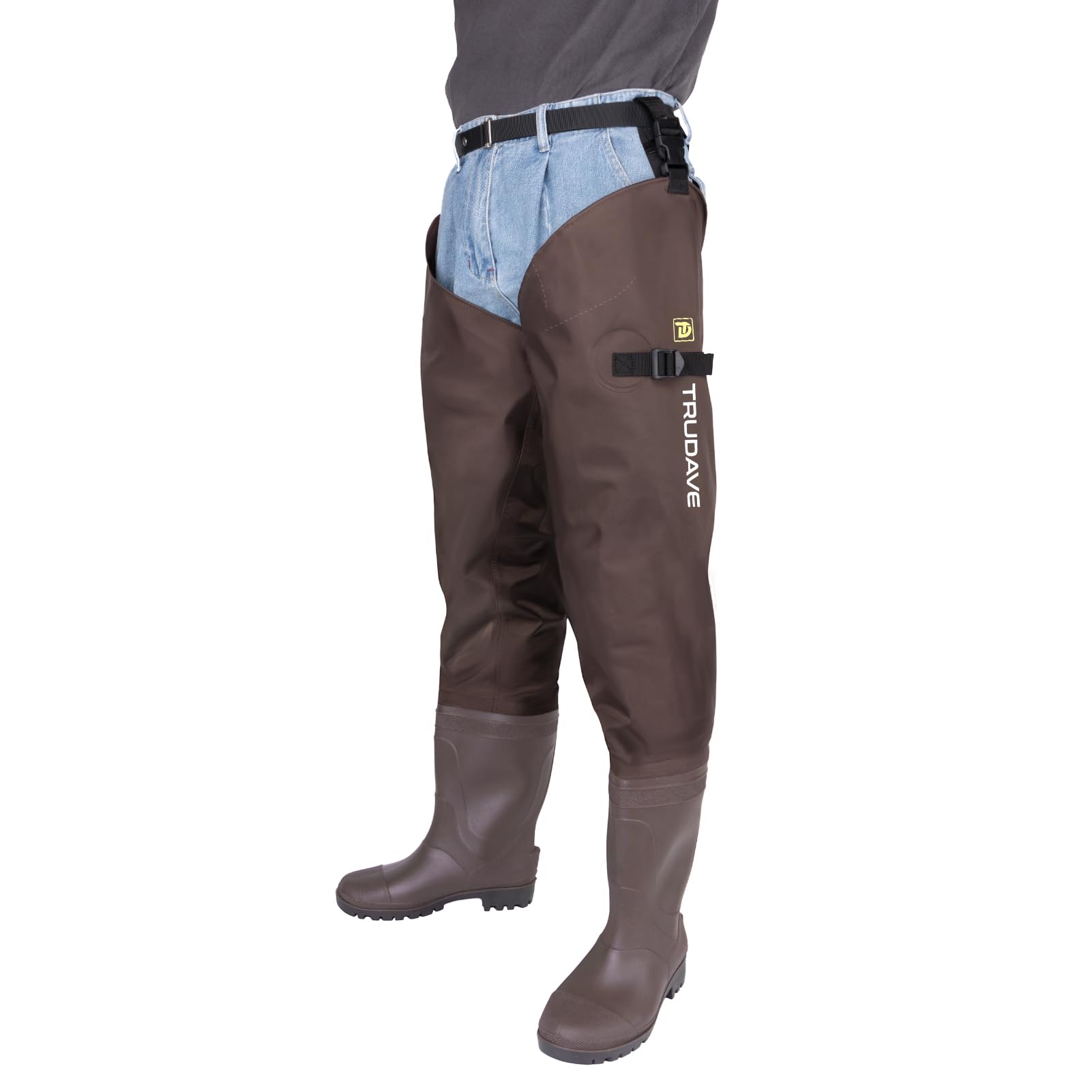 alt="Model wearing Trudave StreamFlex Series marsh brown hip waterproof waders with boots showing ergonomic fit, durable waterproof construction, and integrated boot design for fishing and outdoor activities"